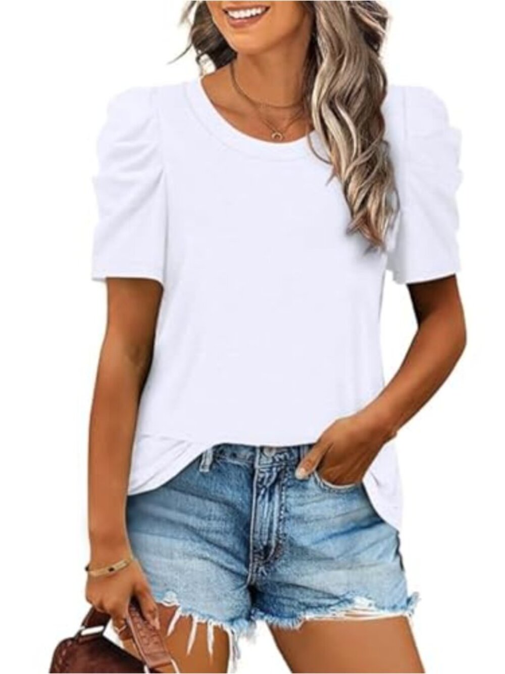 Women's Puff Sleeve Tunic Top Crew Neck Summer Tee